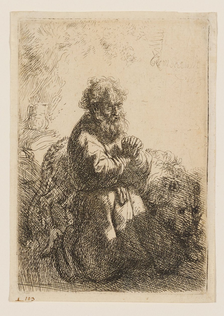 De heilige Hiëronymus, knielend in gebed, met zijn blik naar beneden gericht door Rembrandt van Rijn