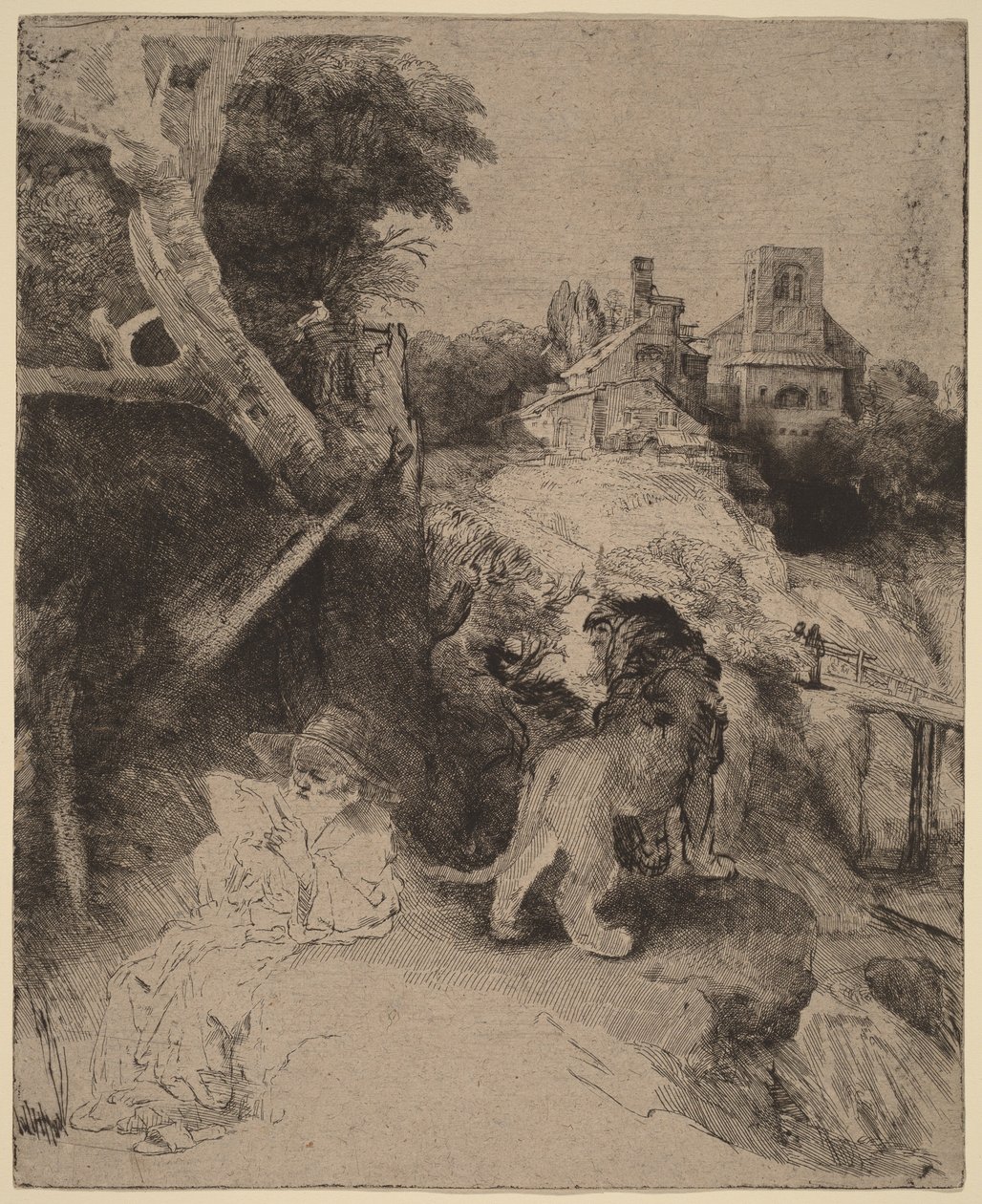De heilige Hiëronymus aan het lezen in een Italiaans landschap door Rembrandt van Rijn