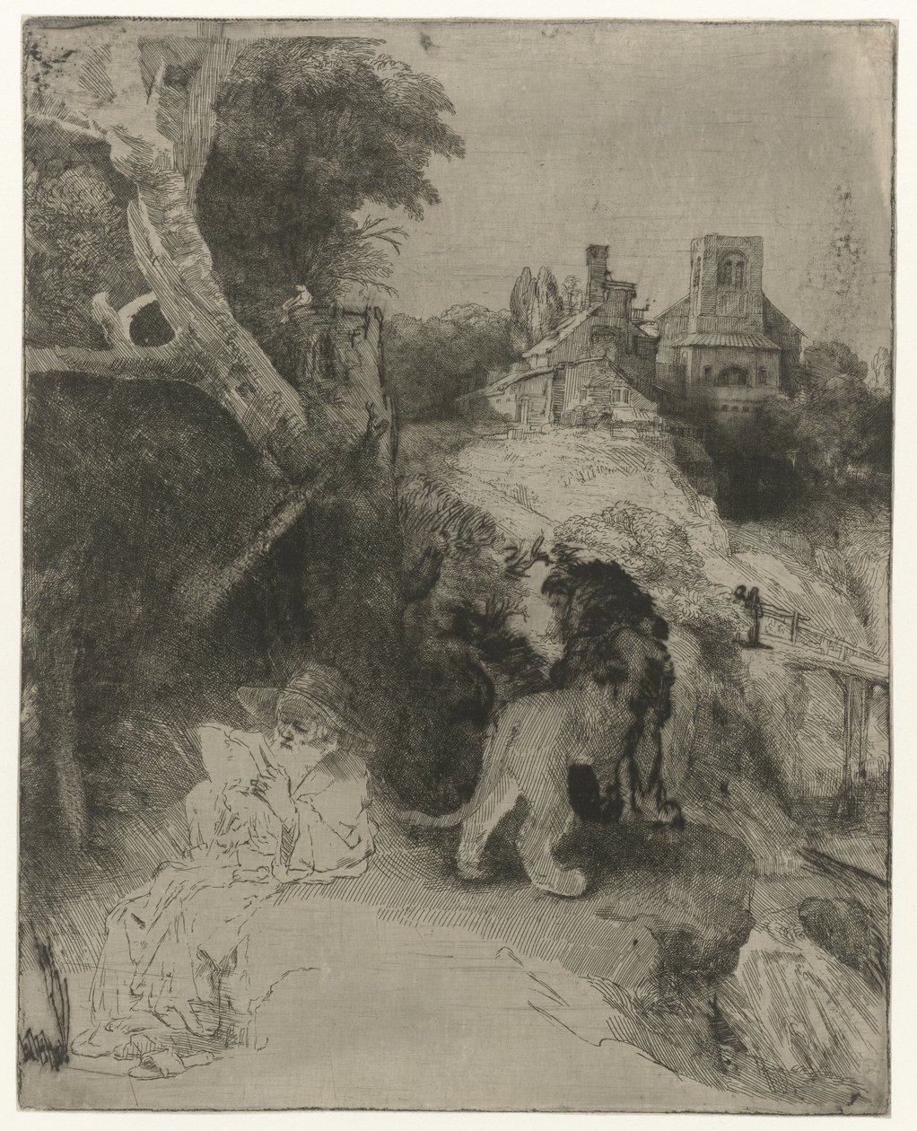 Sint Hiëronymus lezend in een Italiaans landschap door Rembrandt van Rijn
