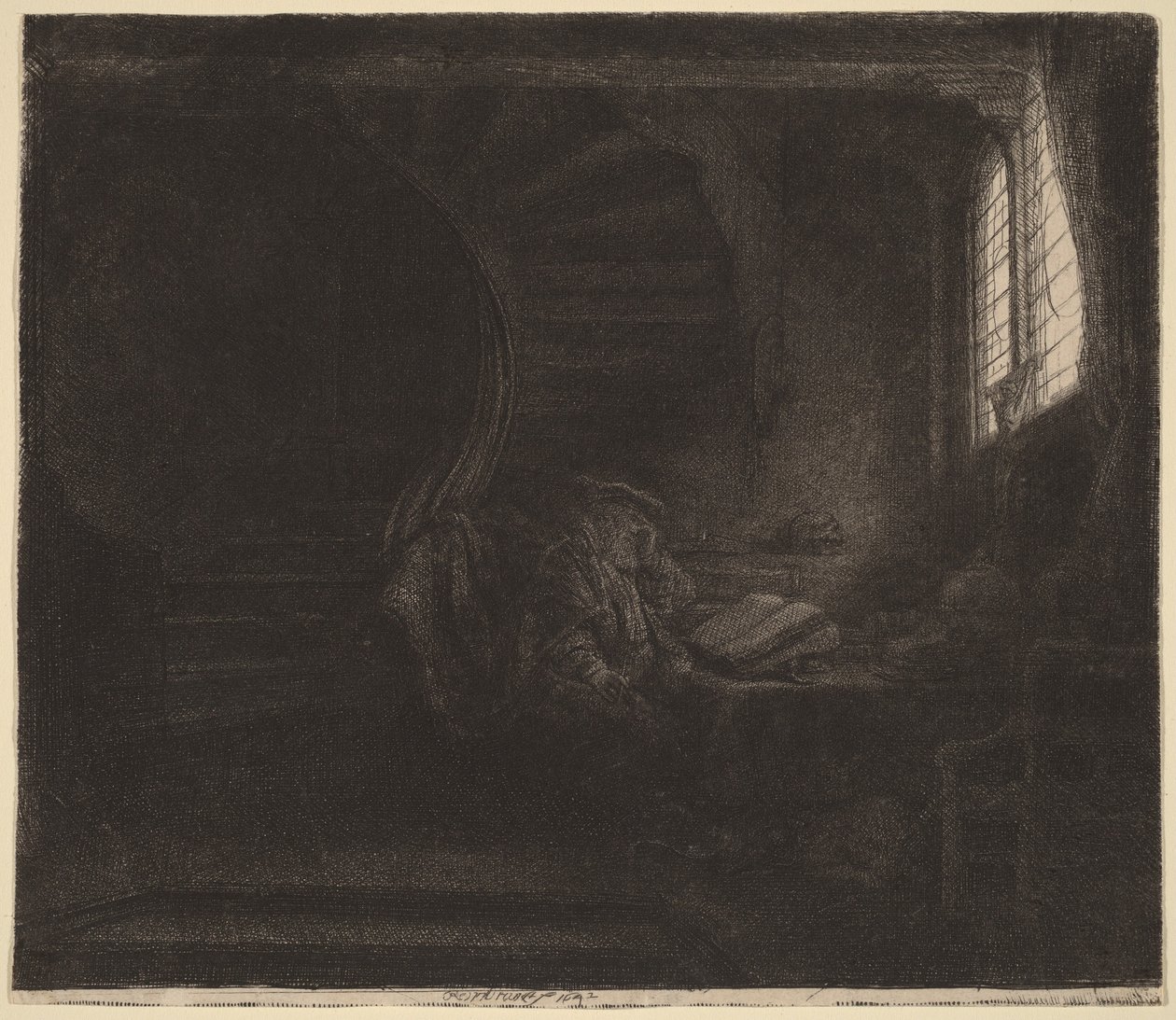 De heilige Hiëronymus in een donkere kamer door Rembrandt van Rijn
