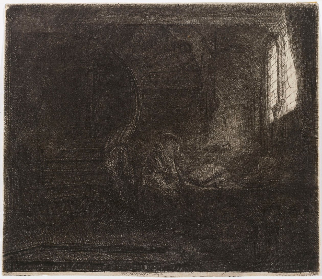 De heilige Hiëronymus in een donkere kamer door Rembrandt van Rijn
