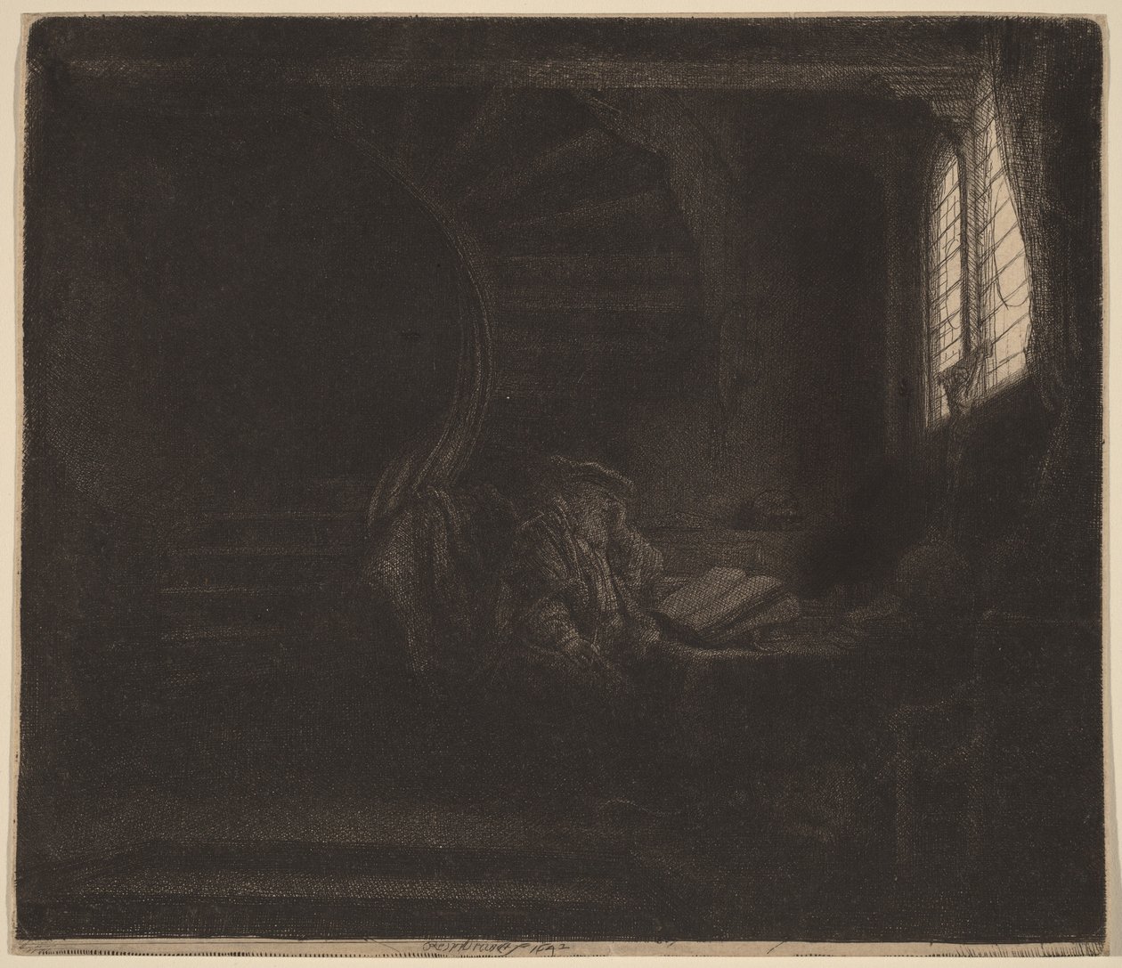 De heilige Hiëronymus in een donkere kamer door Rembrandt van Rijn
