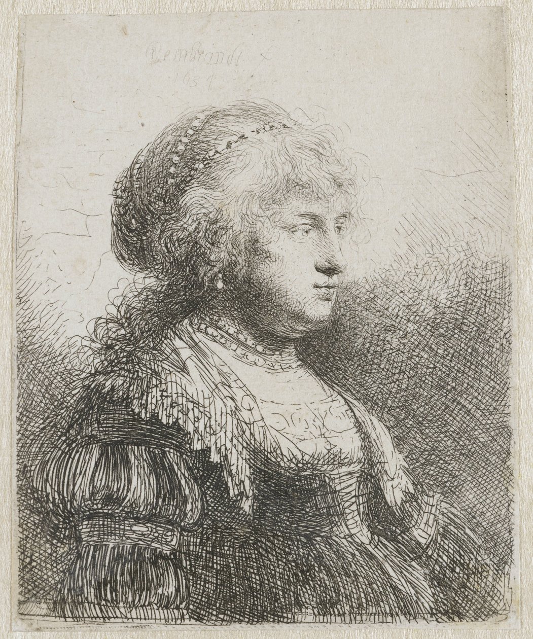 Saskia met parels in haar haar door Rembrandt van Rijn