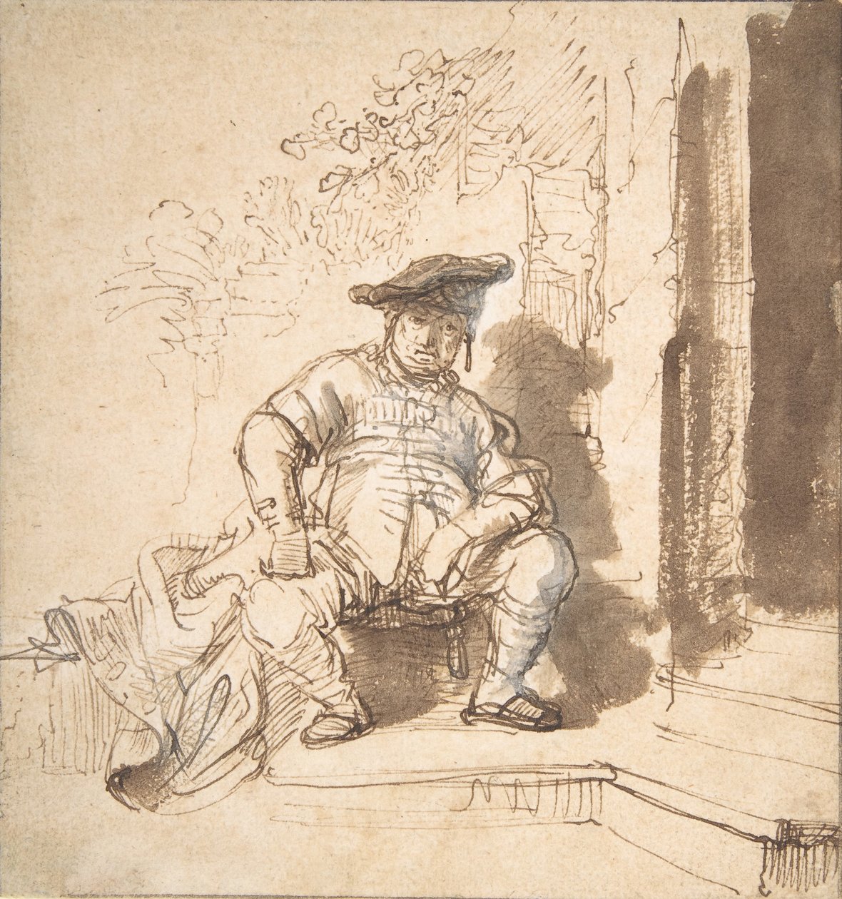 Zittende Man met Platte Pet, 1635-40 door Rembrandt van Rijn