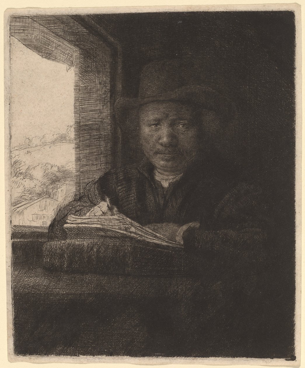 Zelfportret Tekenen bij een Raam door Rembrandt van Rijn