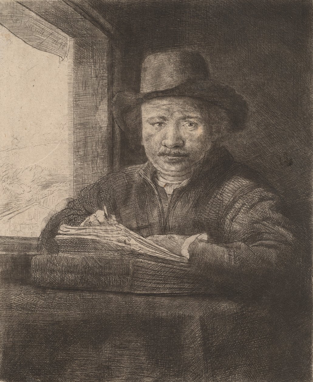 Zelfportret Tekenen bij een Raam door Rembrandt van Rijn