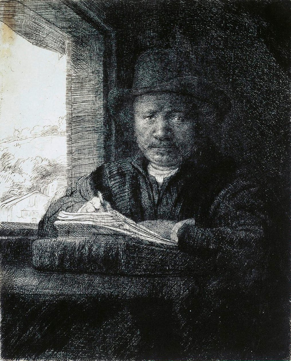 Zelfportret tekenen bij een raam, 1648 door Rembrandt van Rijn