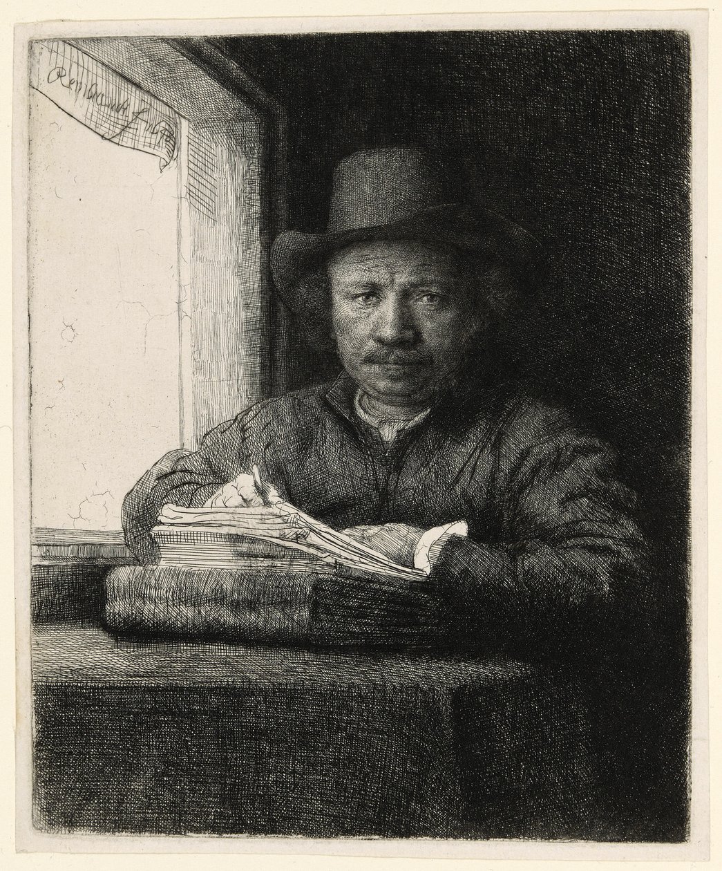 Zelfportret ets bij een raam door Rembrandt van Rijn