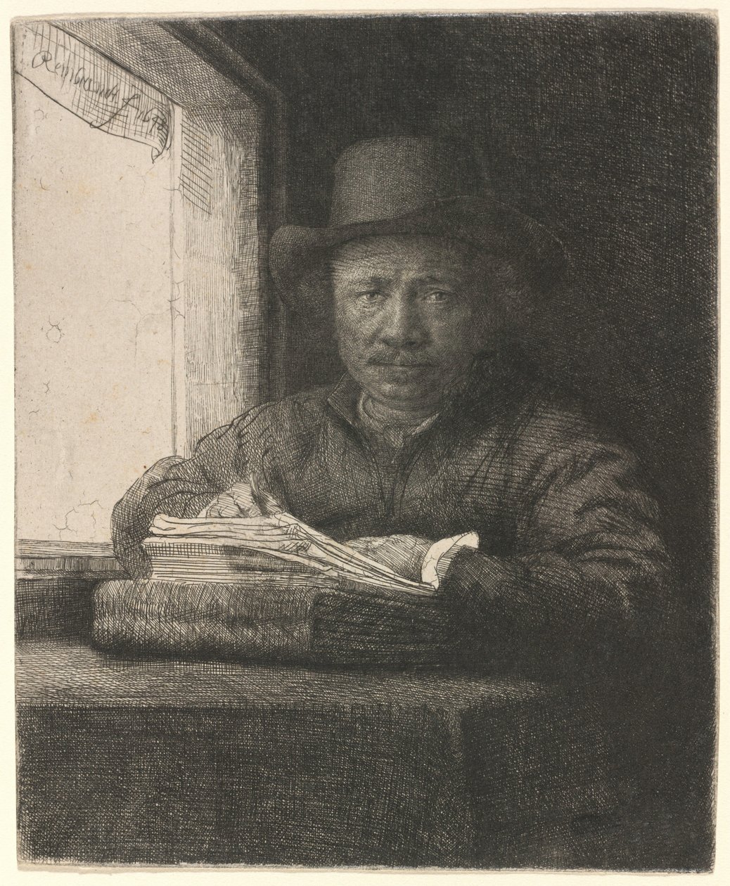 Zelfportret: ets bij een raam door Rembrandt van Rijn