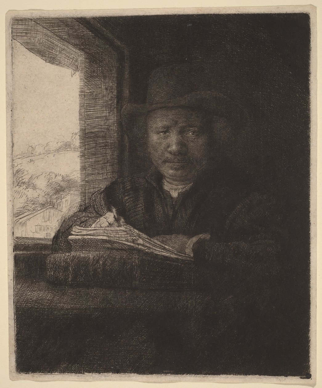Zelfportret: ets bij een raam door Rembrandt van Rijn