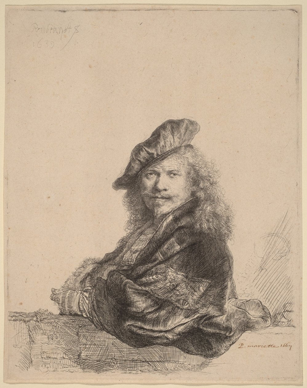 Zelfportret, leunend tegen een stenen vensterbank door Rembrandt van Rijn