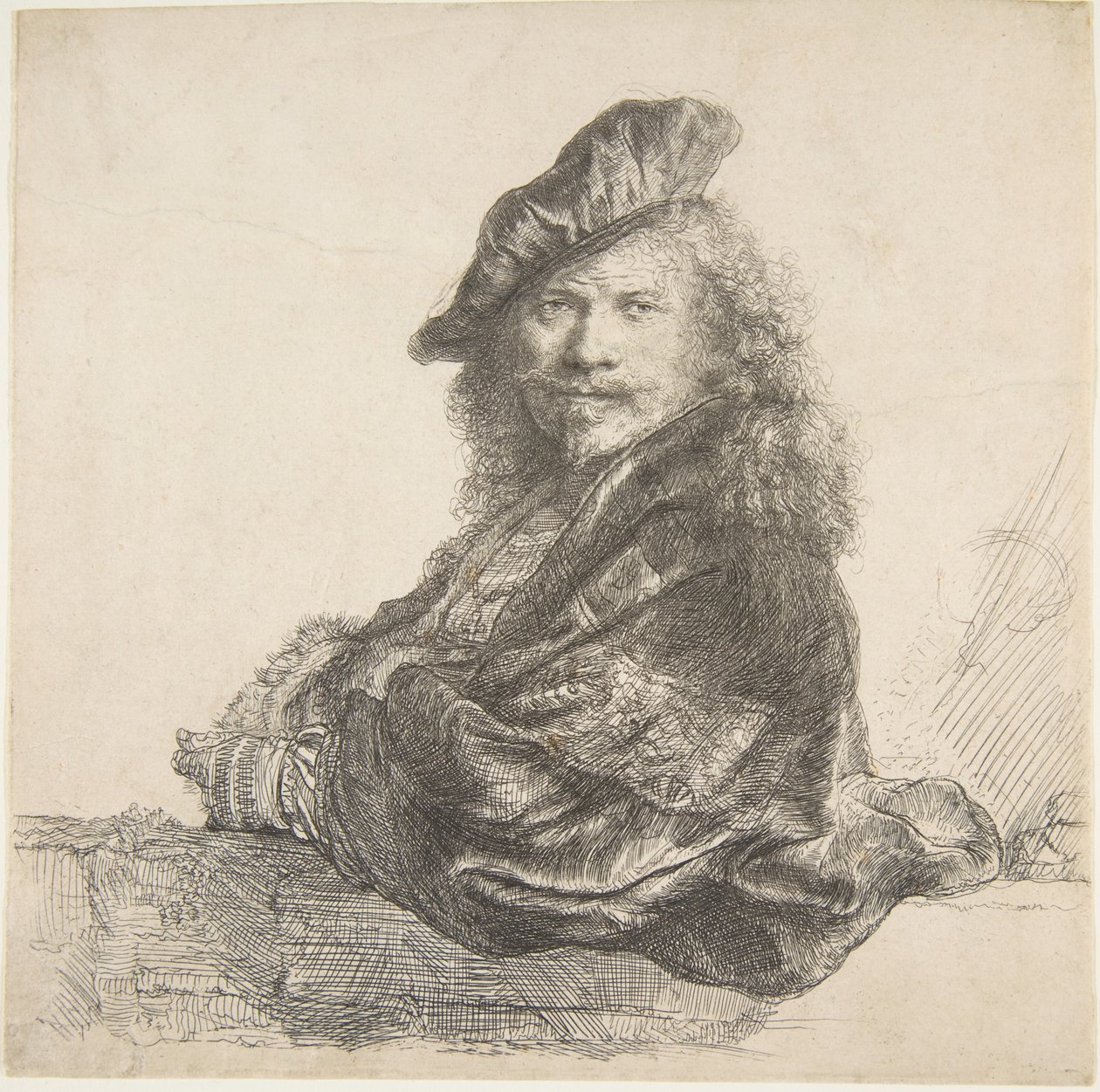 Zelfportret, Leunend op een Stenen Muur door Rembrandt van Rijn