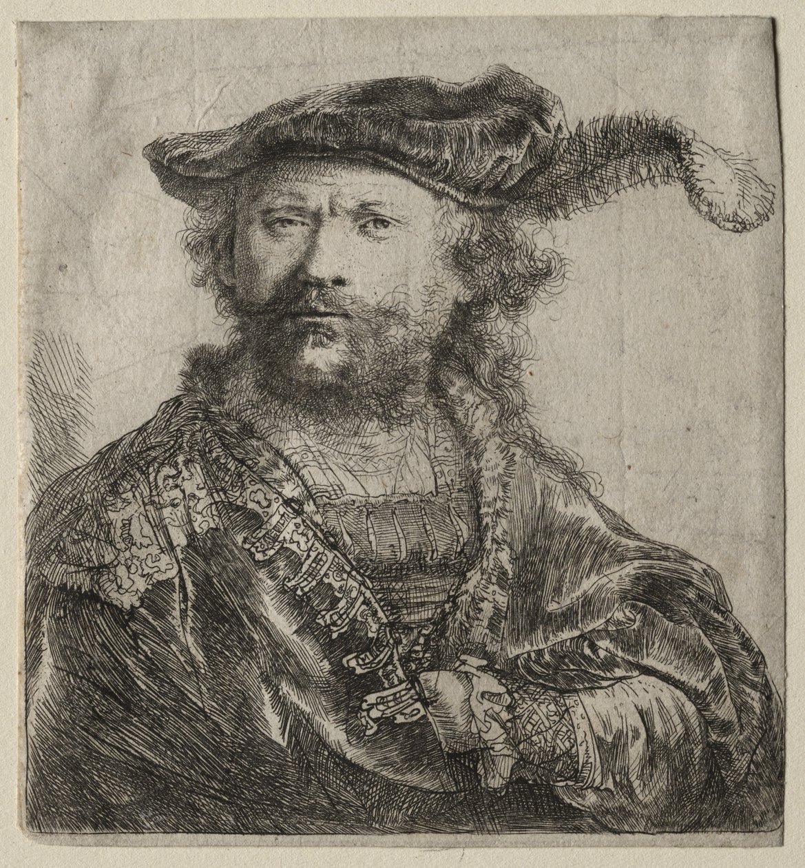 Zelfportret in Fluwelen Muts met Pluim door Rembrandt van Rijn