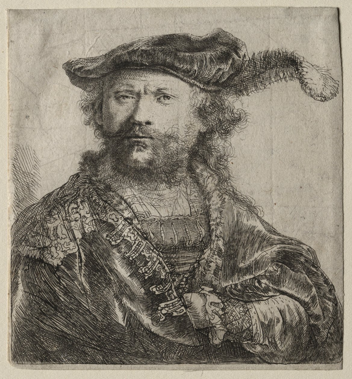 Zelfportret in fluwelen muts met pluim, 1638 door Rembrandt van Rijn