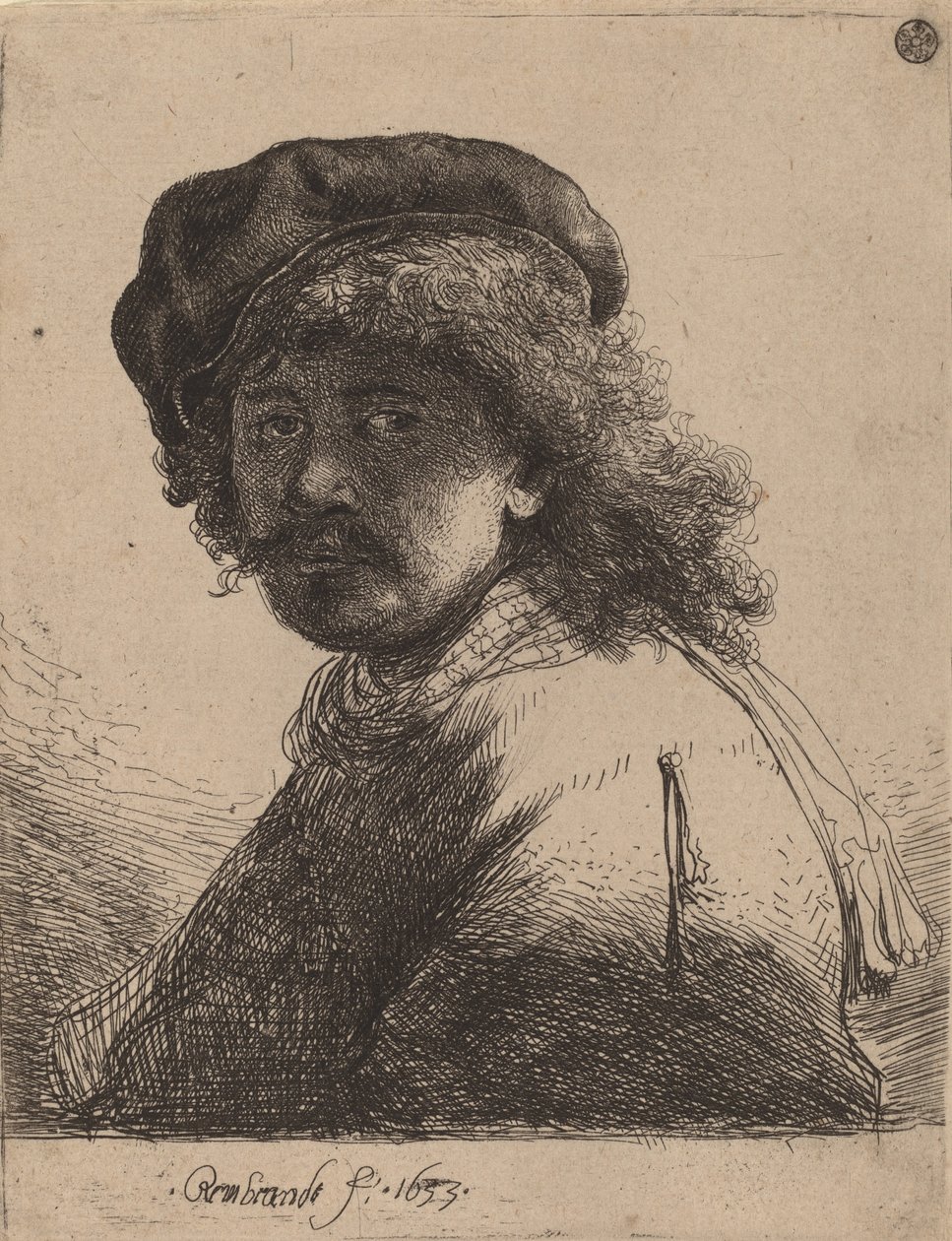 Zelfportret met een Muts en Sjaal met Donker Gezicht, 1633 door Rembrandt van Rijn