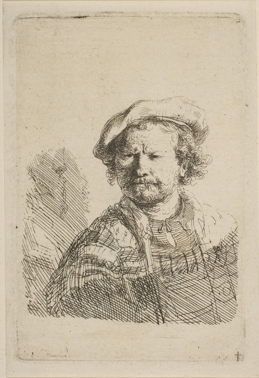 Zelfportret met een platte pet en geborduurde jurk door Rembrandt van Rijn