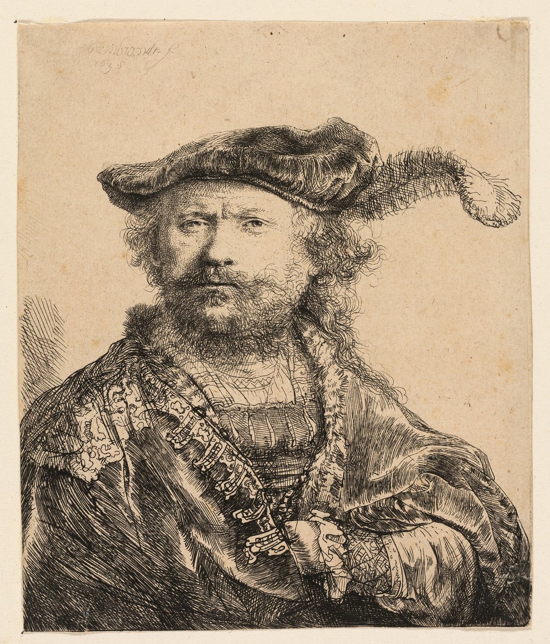 Zelfportret in een fluwelen muts met pluim door Rembrandt van Rijn