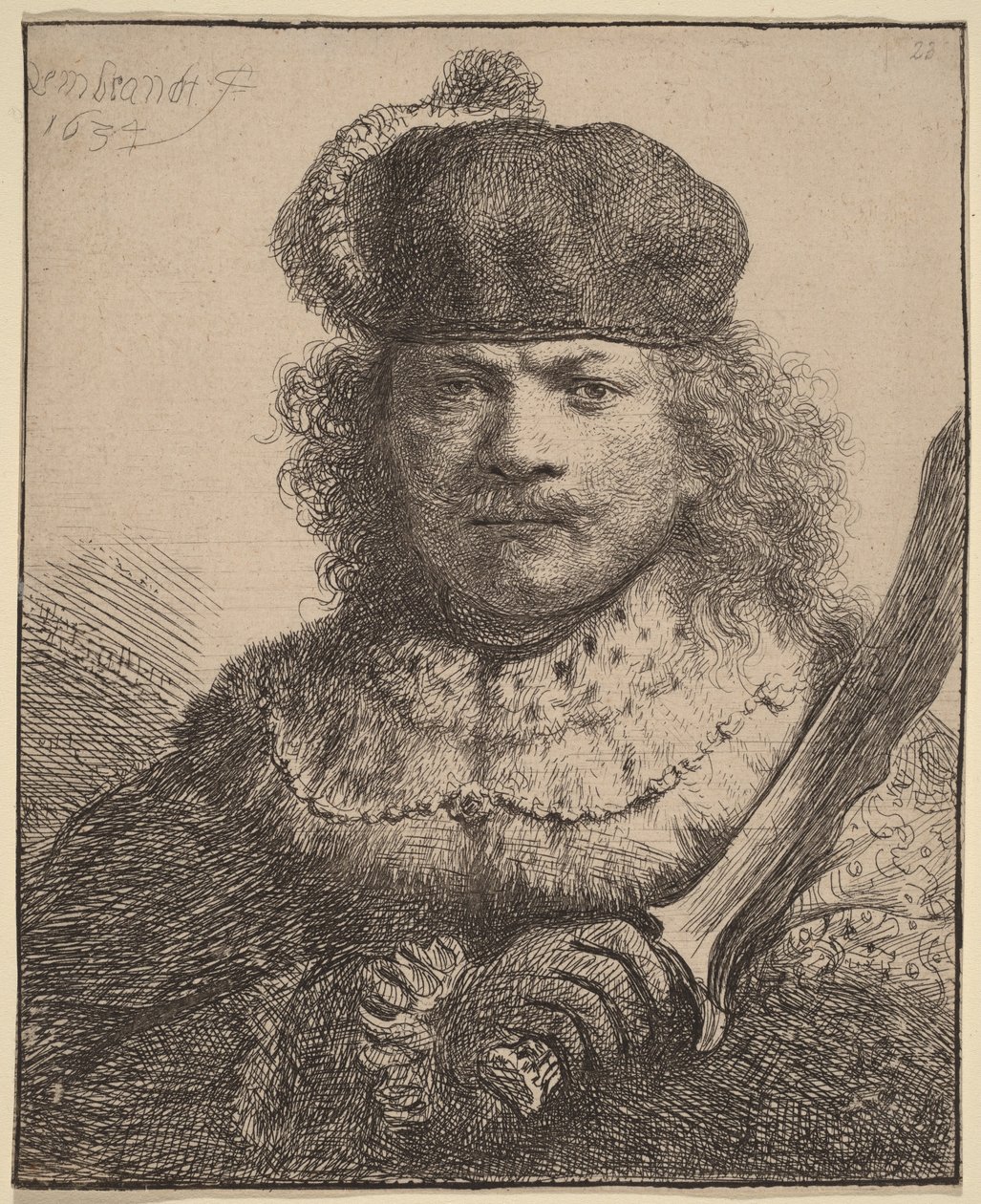 Zelfportret met geheven sabel door Rembrandt van Rijn