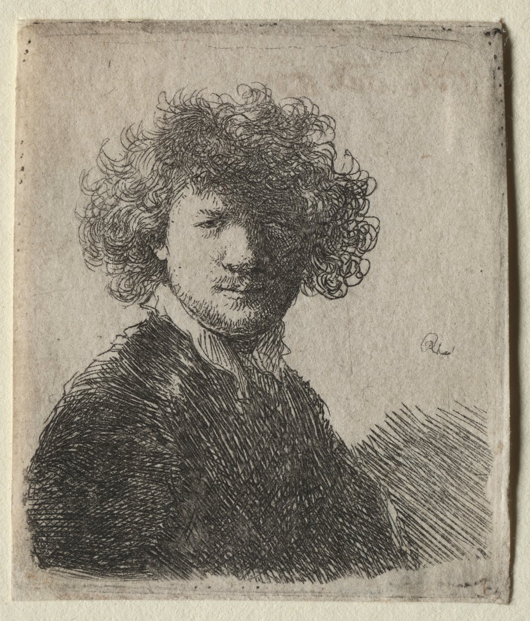 Zelfportret met krullend haar en witte kraag: Buste door Rembrandt van Rijn