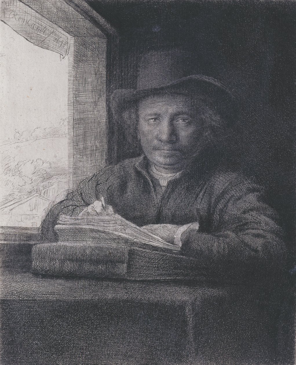 Zelfportret, ets bij een raam, 1648 (ets en gravure op geschept papier) door Rembrandt van Rijn