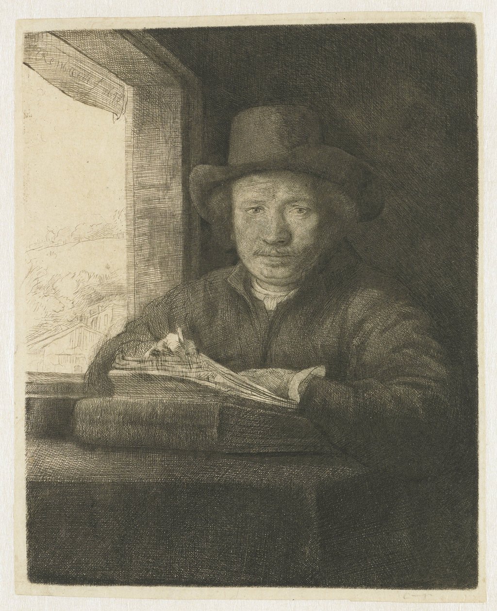 Zelfportret ets bij een raam door Rembrandt van Rijn