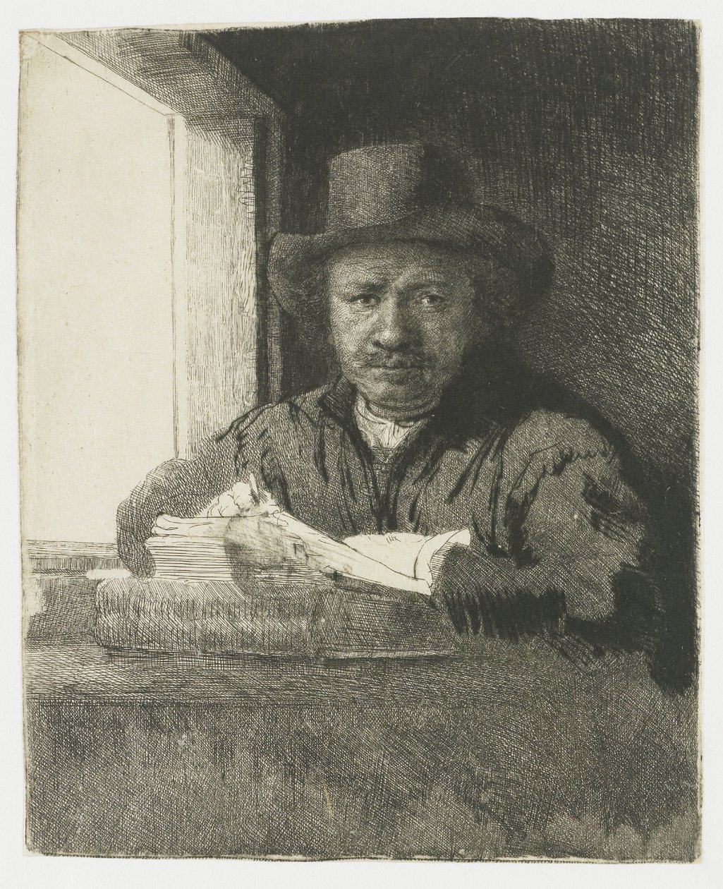 Zelfportret, ets bij een raam door Rembrandt van Rijn
