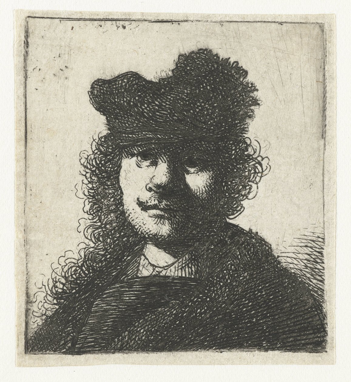 Zelfportret met een pet en donkere mantel: buste door Rembrandt van Rijn