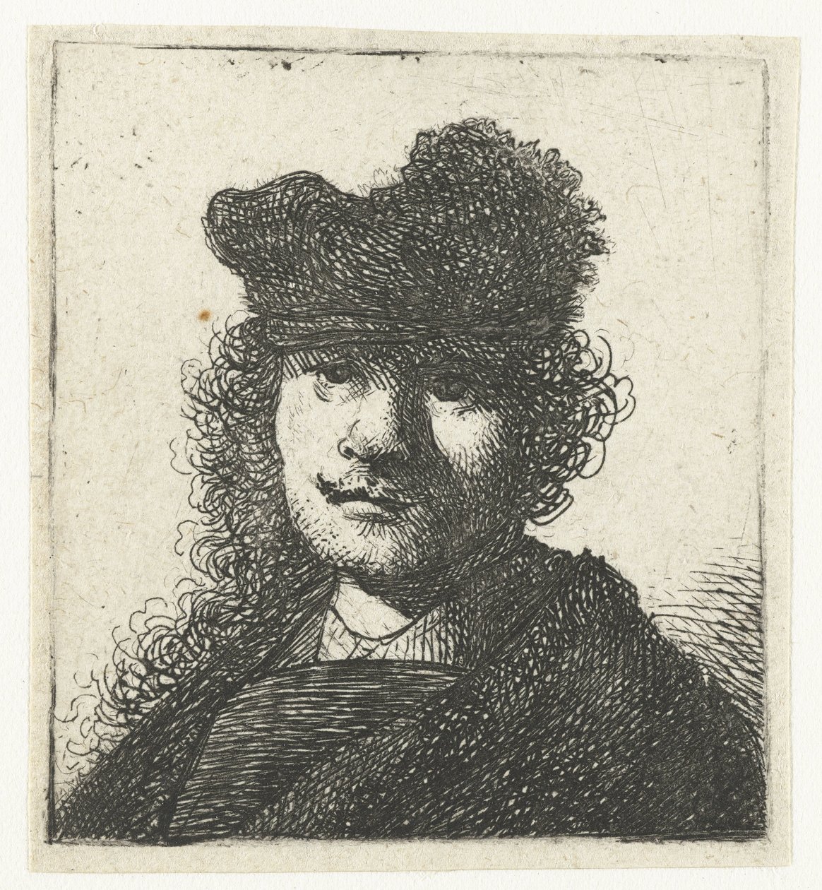 Zelfportret met een pet en donkere mantel: buste door Rembrandt van Rijn