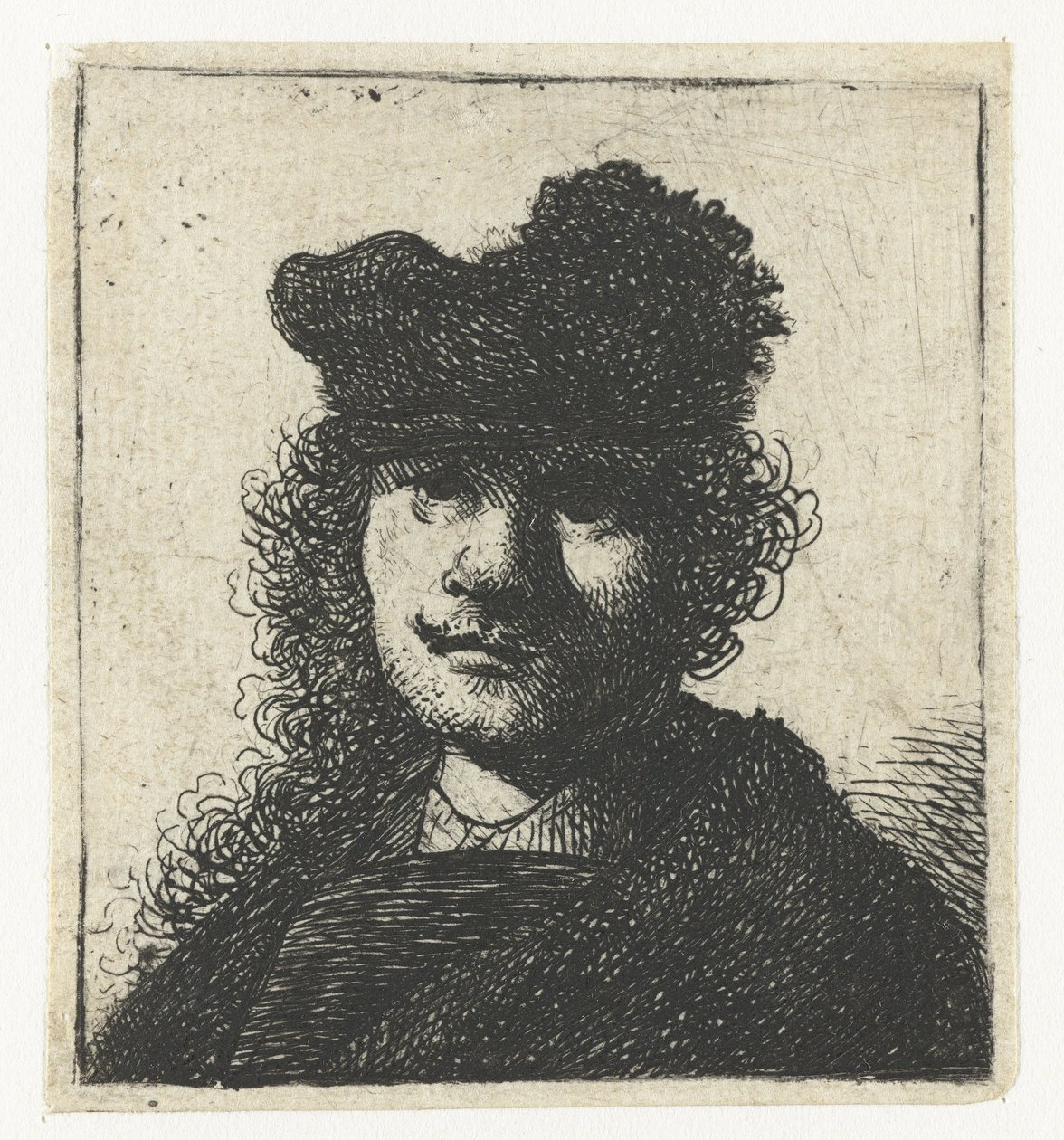 Zelfportret met een pet en donkere mantel: buste door Rembrandt van Rijn