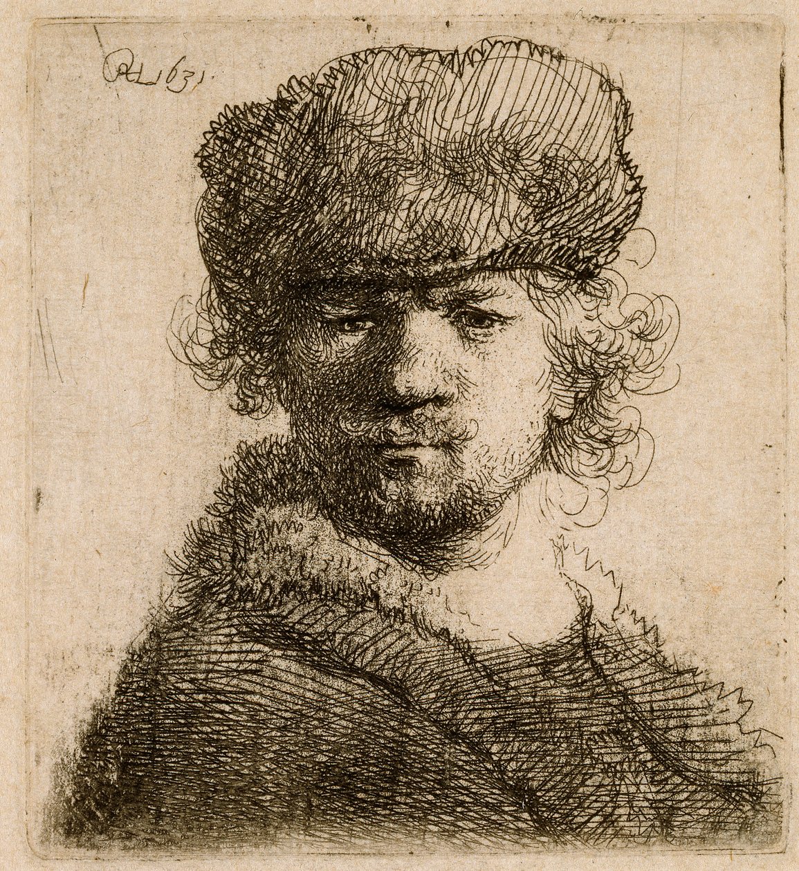 Zelfportret in een zware bontmuts: buste, 1631 door Rembrandt van Rijn