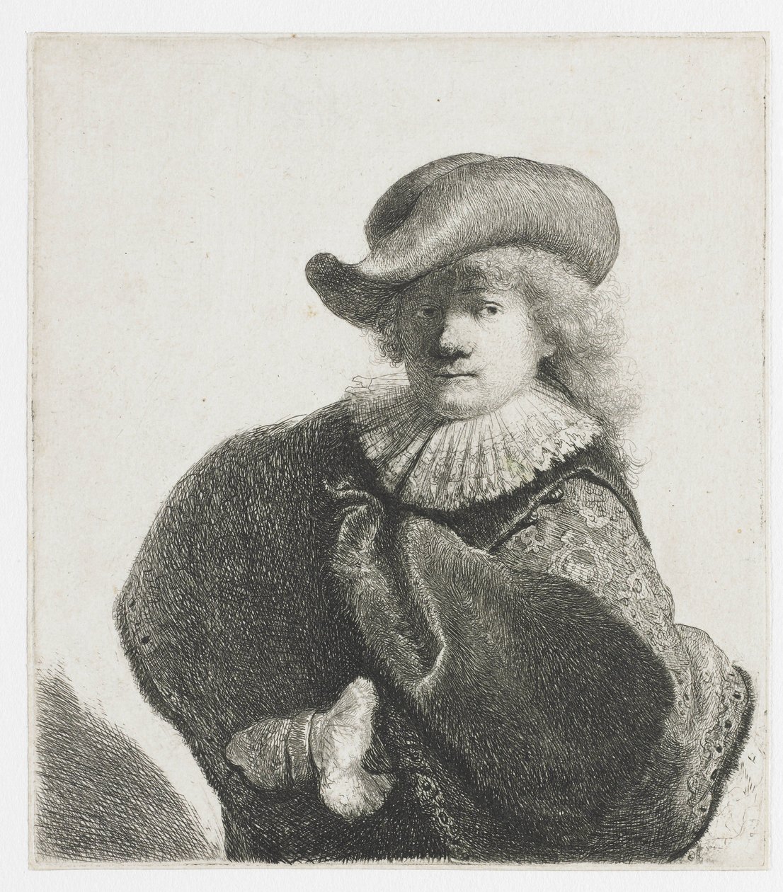 Zelfportret met een zachte hoed en een patroonmantel door Rembrandt van Rijn