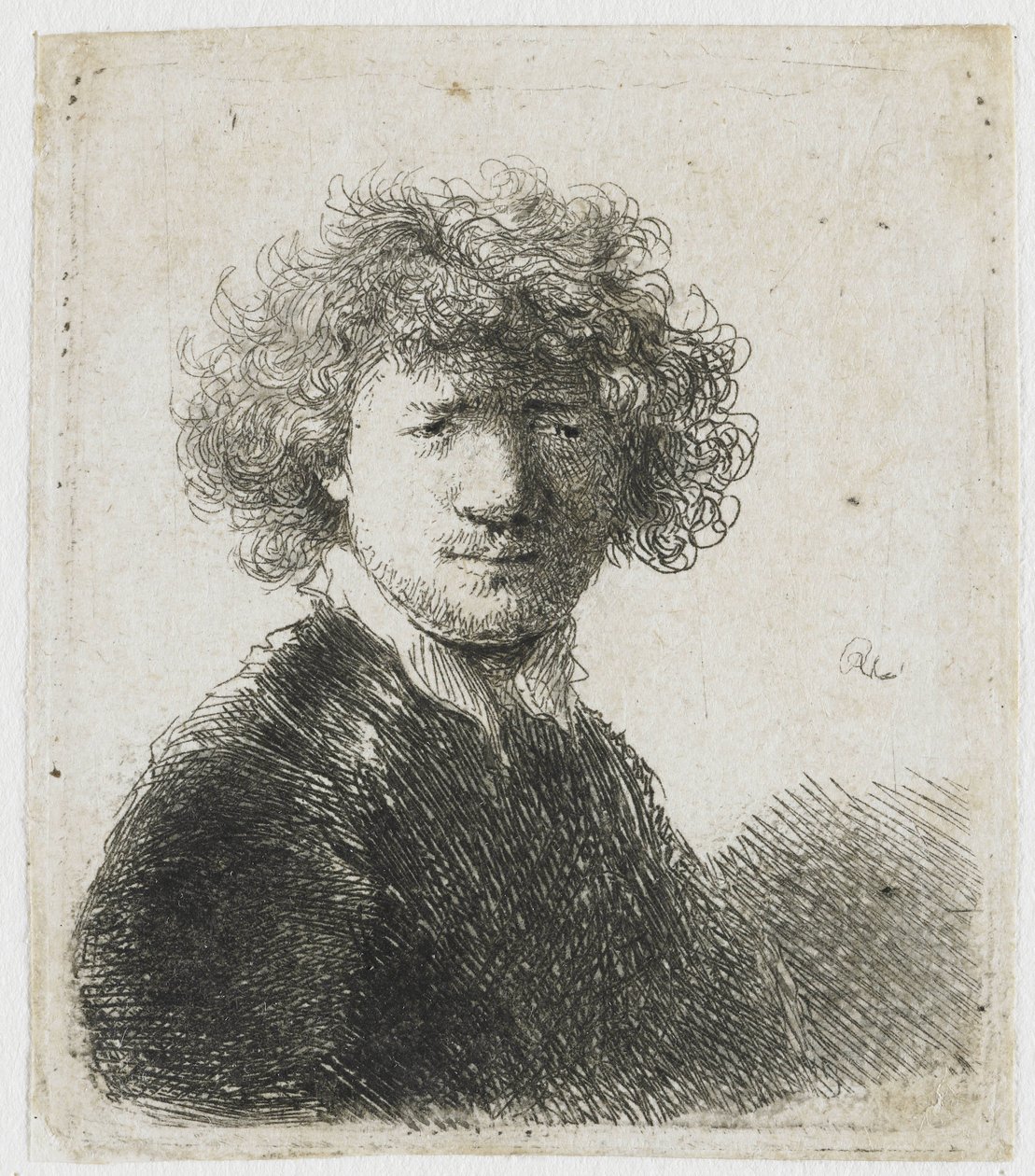 Zelfportret met krullend haar en witte kraag: buste door Rembrandt van Rijn