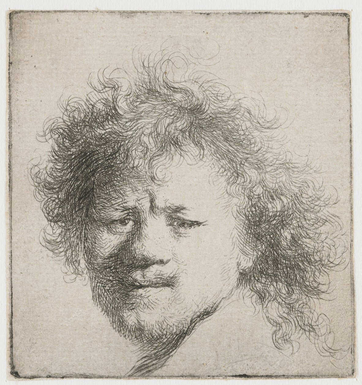 Zelfportret met lang, wild haar: alleen hoofd door Rembrandt van Rijn