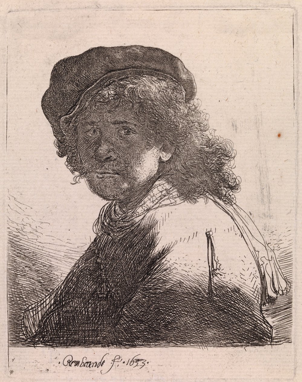 Zelfportret met pet en sjaal, met een donker gezicht door Rembrandt van Rijn