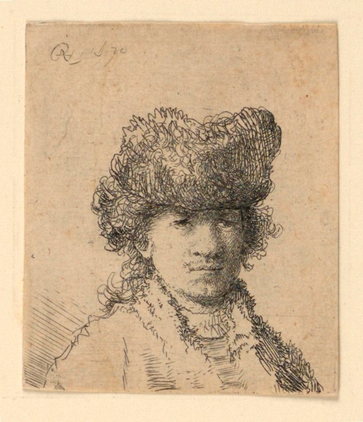 Zelfportret in een bontmuts: Buste door Rembrandt van Rijn
