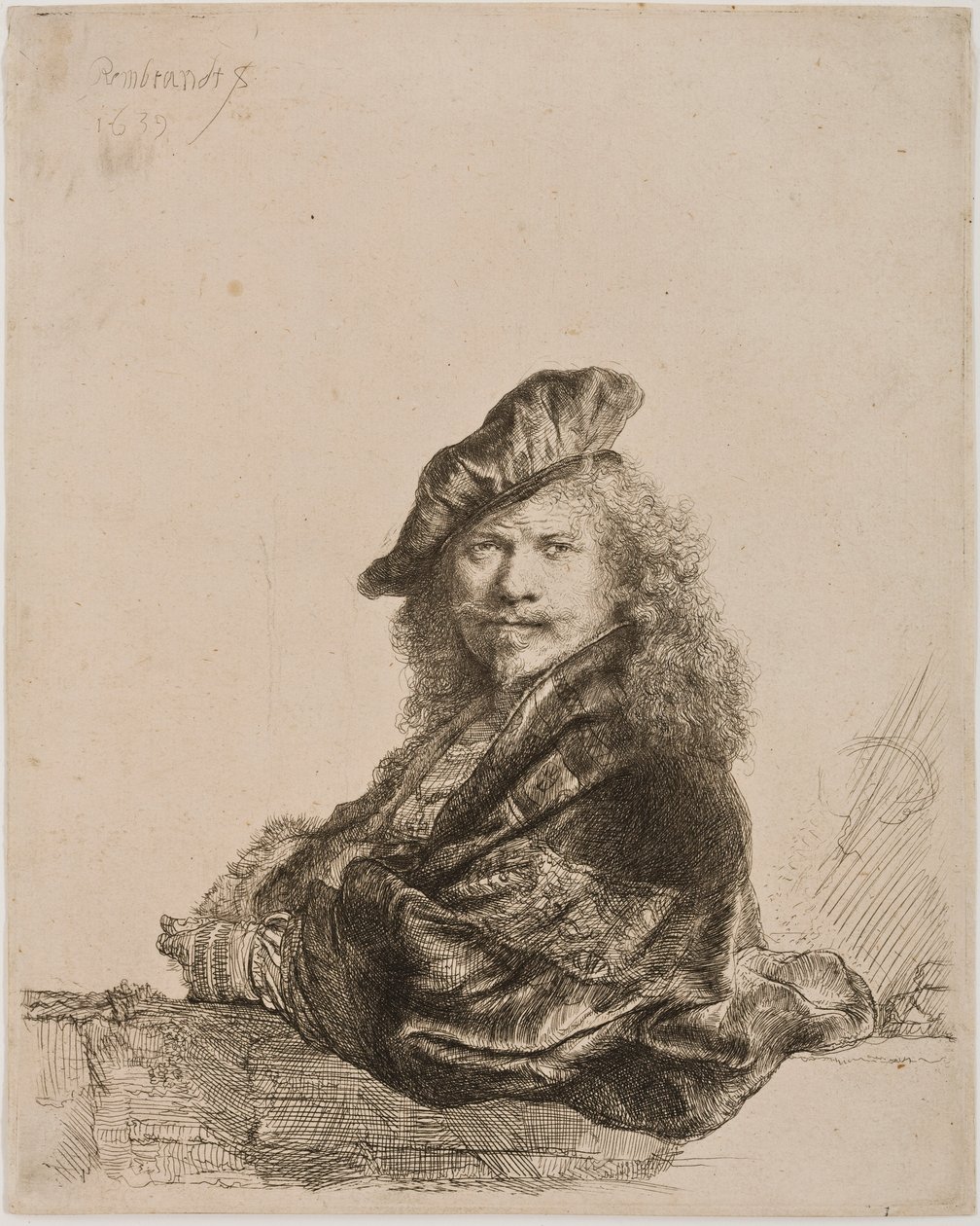 Zelfportret leunend op een vensterbank, 1639 door Rembrandt van Rijn