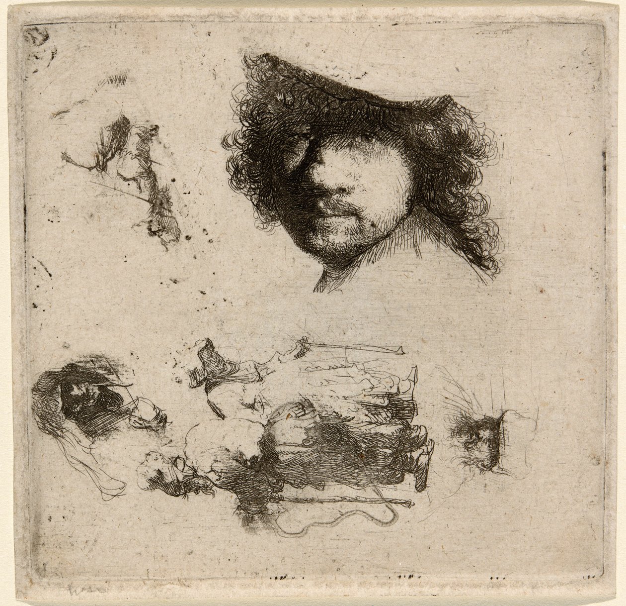 Blad met Studies: Hoofd van de Kunstenaar, een Bedelaarskoppel, Hoofden van een Oude Man en Oude Vrouw, enz. door Rembrandt van Rijn