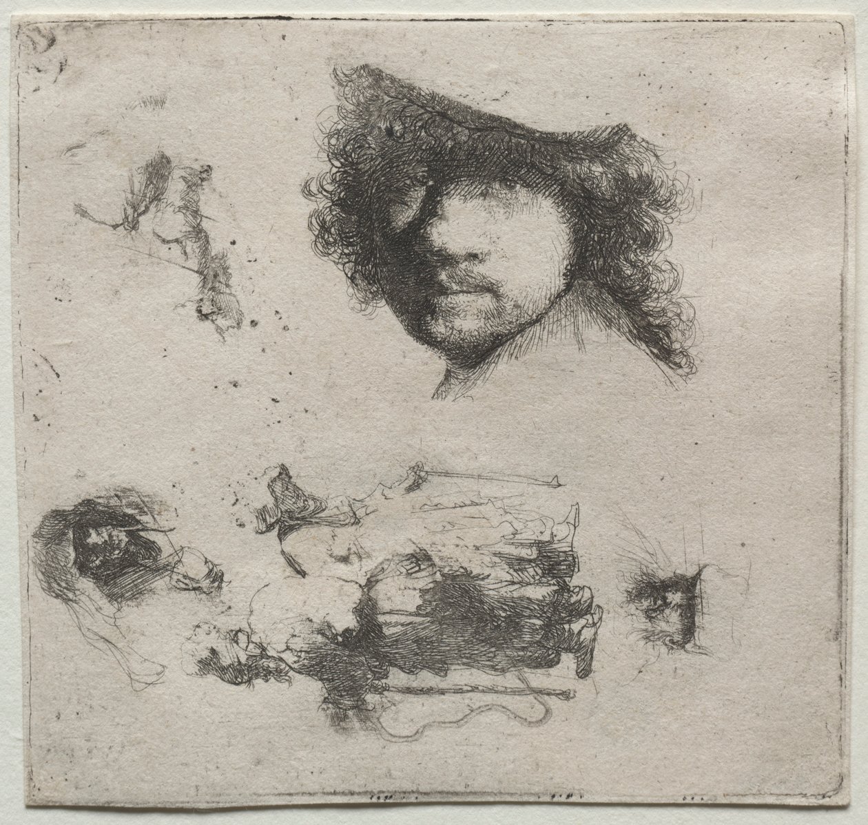 Blad met studies: Zelfportret, een bedelaarskoppel, enz., ca. 1632 door Rembrandt van Rijn