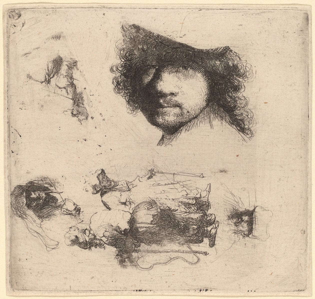 Blad met studies waaronder hoofd van de kunstenaar, een bedelaarskoppel, hoofden van een oude man en oude vrouw door Rembrandt van Rijn