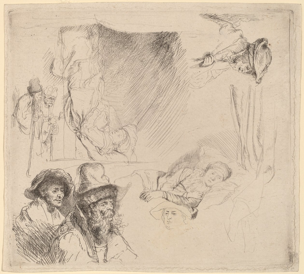 Blad met studies waaronder een zieke vrouw in bed door Rembrandt van Rijn