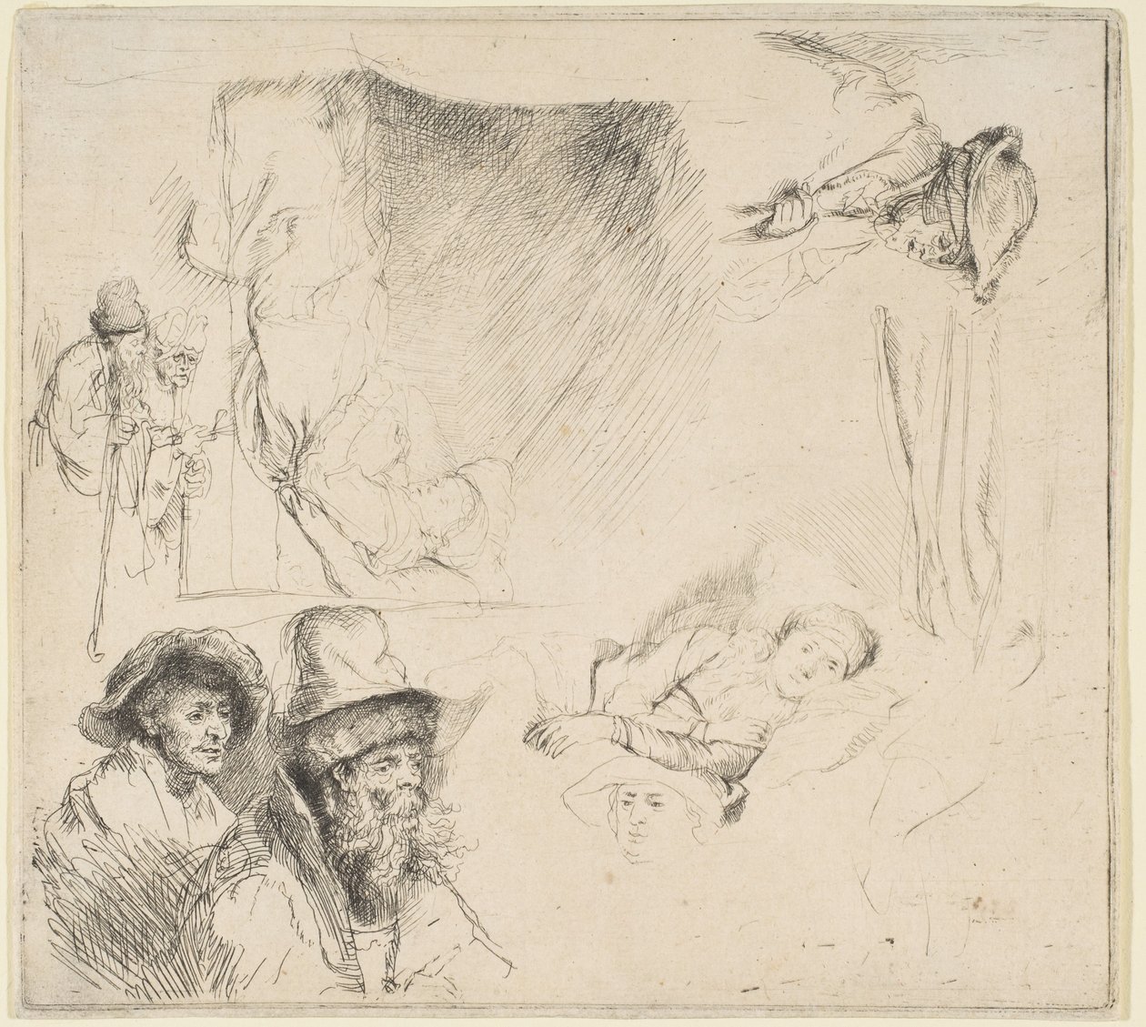 Blad met studies van een zieke vrouw in bed, enz., ca. 1641-42 door Rembrandt van Rijn