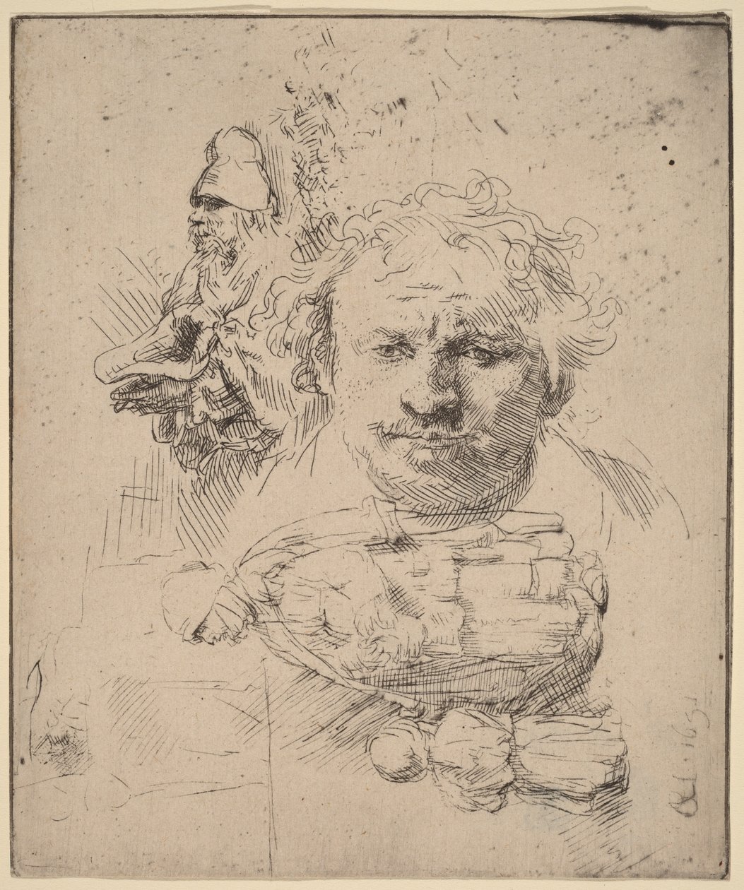 Blad met studies van het hoofd van de kunstenaar, een bedelaar, een vrouw en een kind door Rembrandt van Rijn