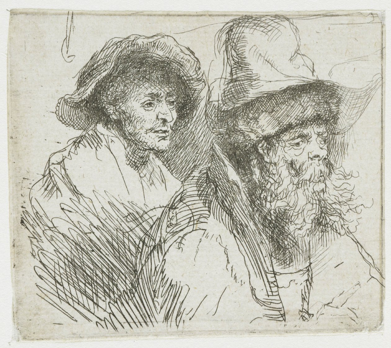 Plaat met studies, waarop een zieke vrouw in bed ligt: borstbeelden van twee mannelijke figuren door Rembrandt van Rijn