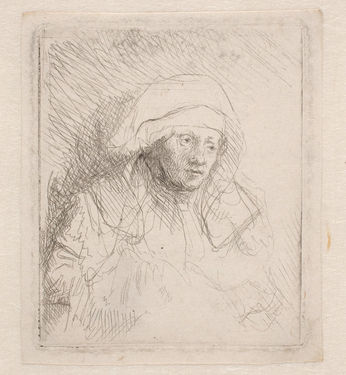 Zieke vrouw met een grote witte hoofdtooi (Saskia) door Rembrandt van Rijn