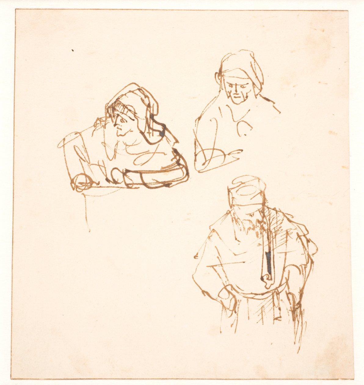 Schets met twee studies van een vrouw en één studie van een man door Rembrandt van Rijn