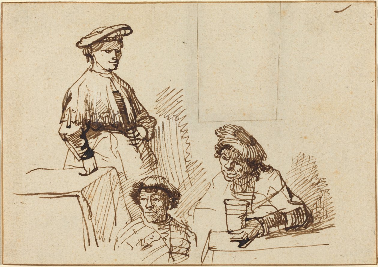 Schetsen uit een taverne: vrouw staand en twee mannen zittend door Rembrandt van Rijn