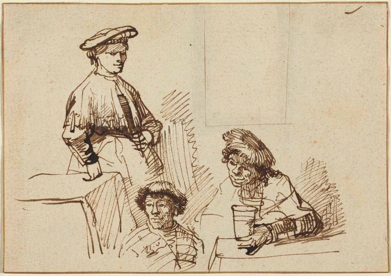 Schetsen uit een taverne: een staande vrouw en twee zittende mannen door Rembrandt van Rijn