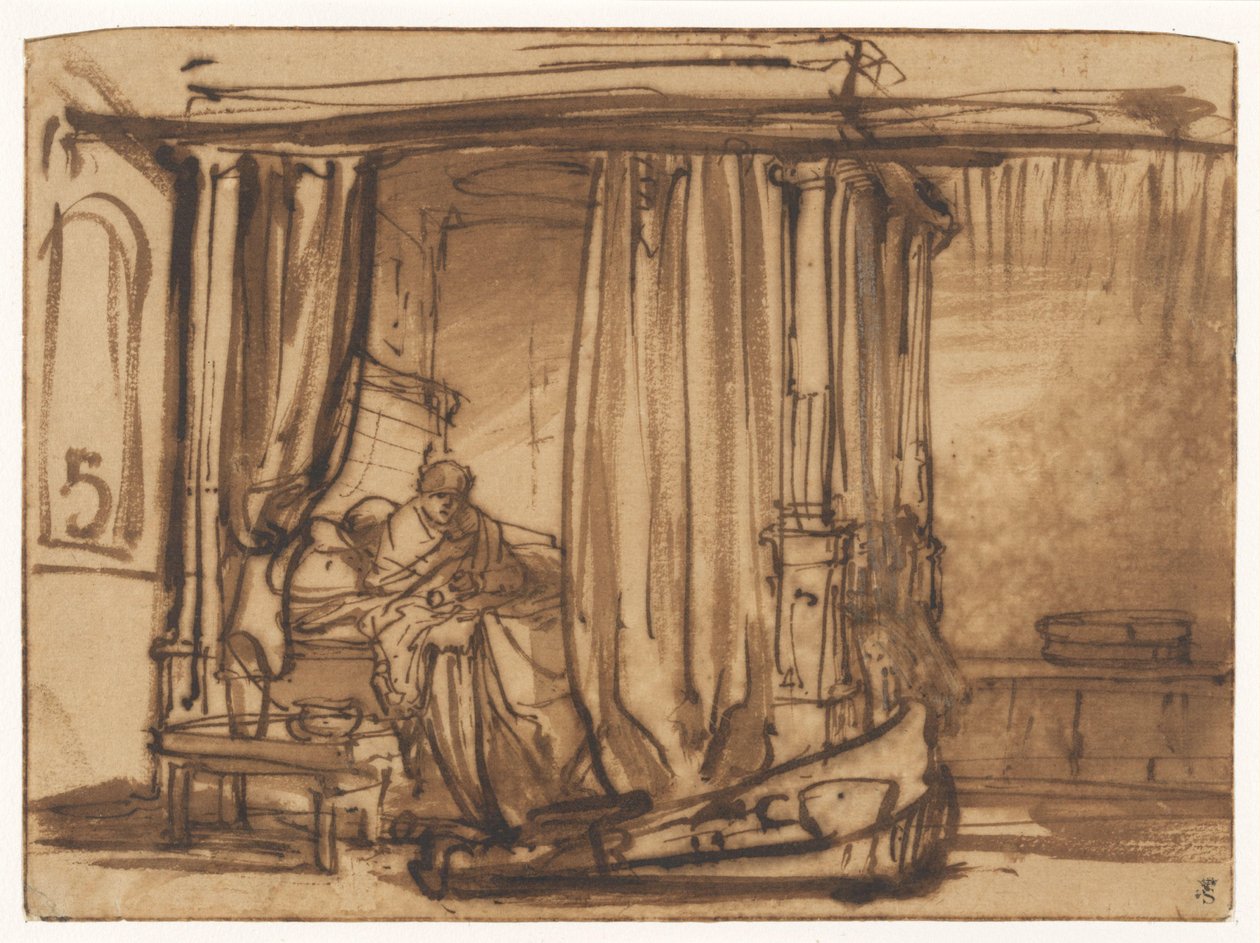 Slaapkamer met Saskia zittend in een hemelbed door Rembrandt van Rijn