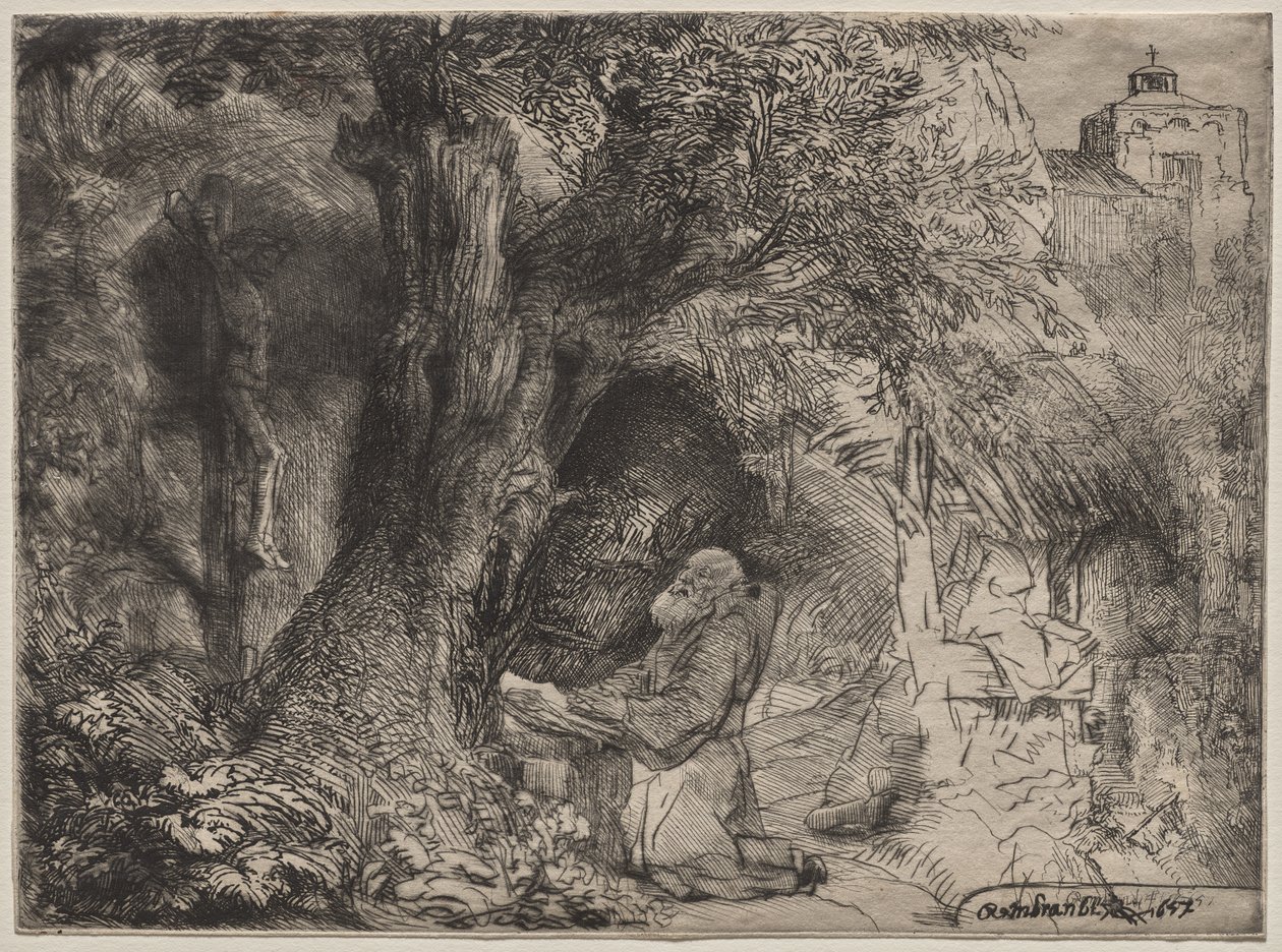 De heilige Franciscus, biddend onder een boom door Rembrandt van Rijn