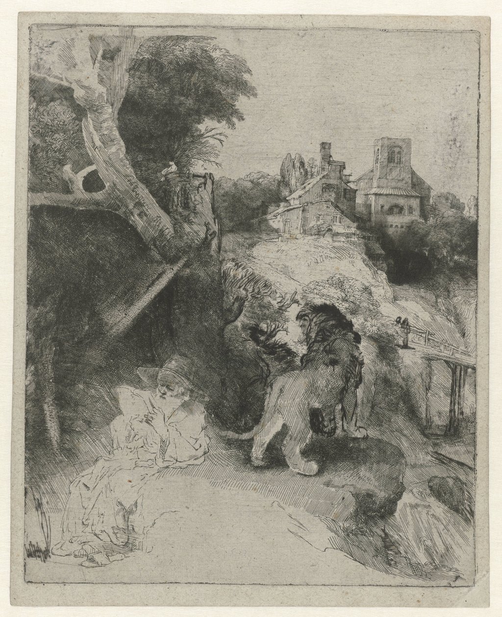 St. Hiëronymus lezend in een Italiaans landschap door Rembrandt van Rijn